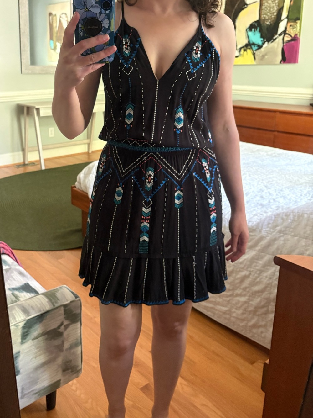 Parker Black Embroidered V-Neck Mini Dress with Blue Accents